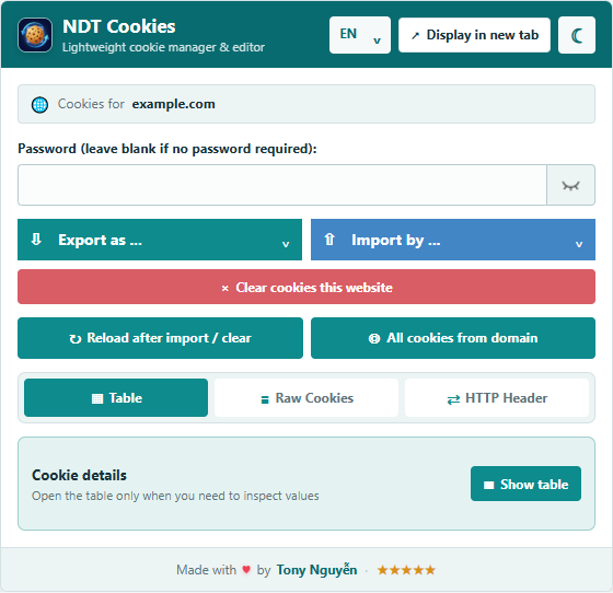 Giao diện popup NDT Cookies ở chế độ sáng